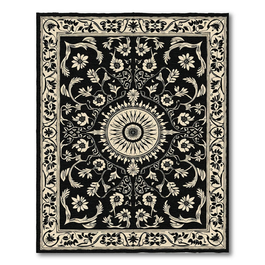 Black Floral Sun Medallion Border Rug