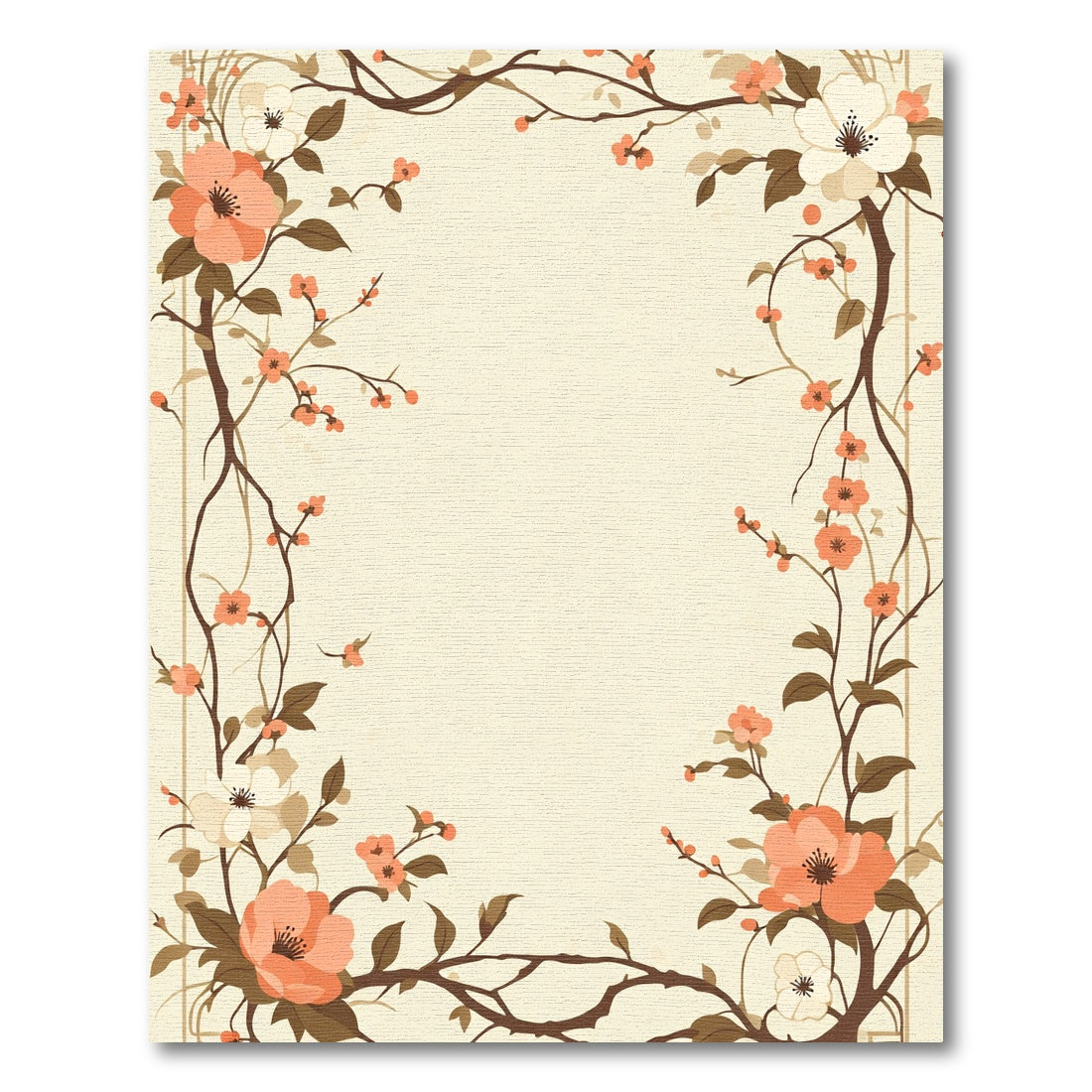 Coral and Cream Blossom Branch Frame Rug
