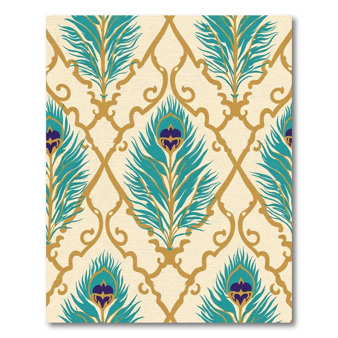 Gold Teal Peacock Feather Trellis Rug