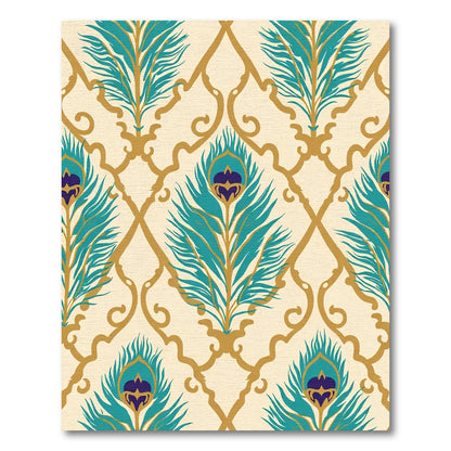 Gold Teal Peacock Feather Trellis Rug