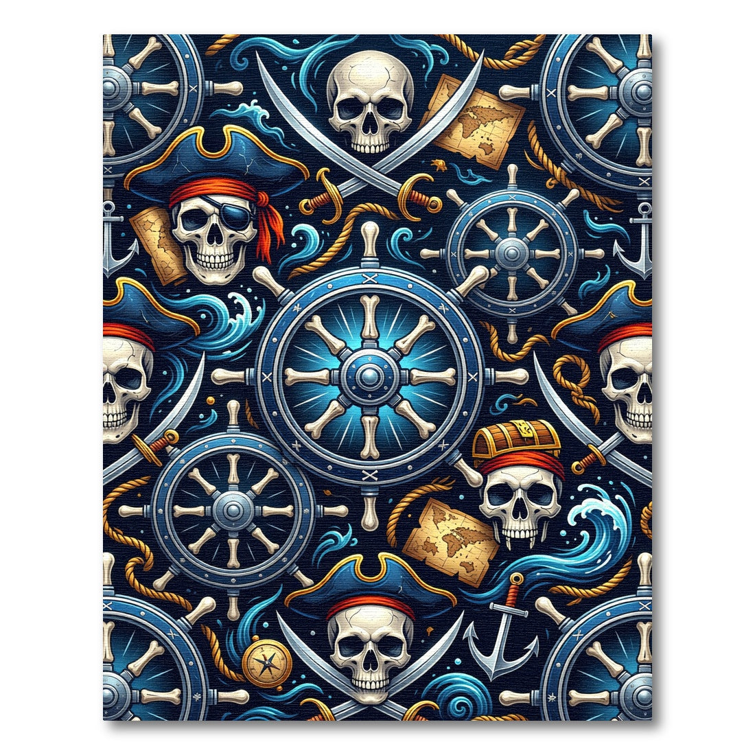 Navy Pirate Skull Nautical Helm Treasure Rug