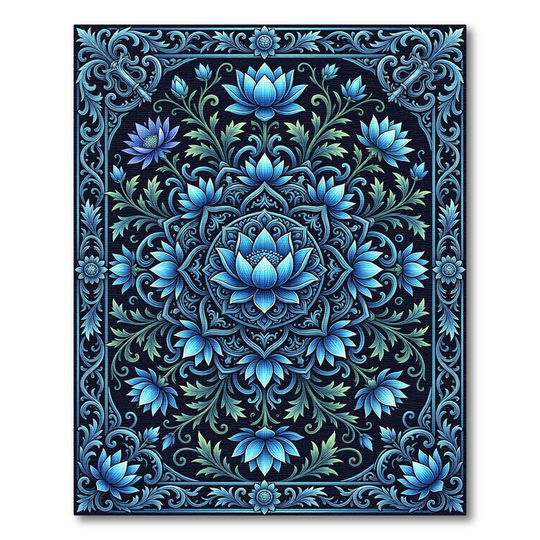 Midnight Blue Lotus Mandala Border Rug