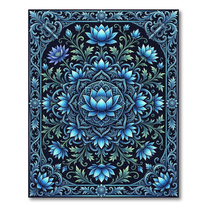Midnight Blue Lotus Mandala Border Rug