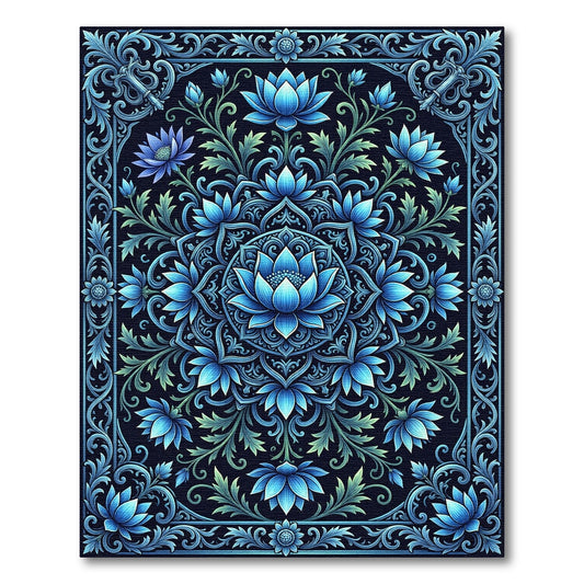 Midnight Blue Lotus Mandala Border Rug