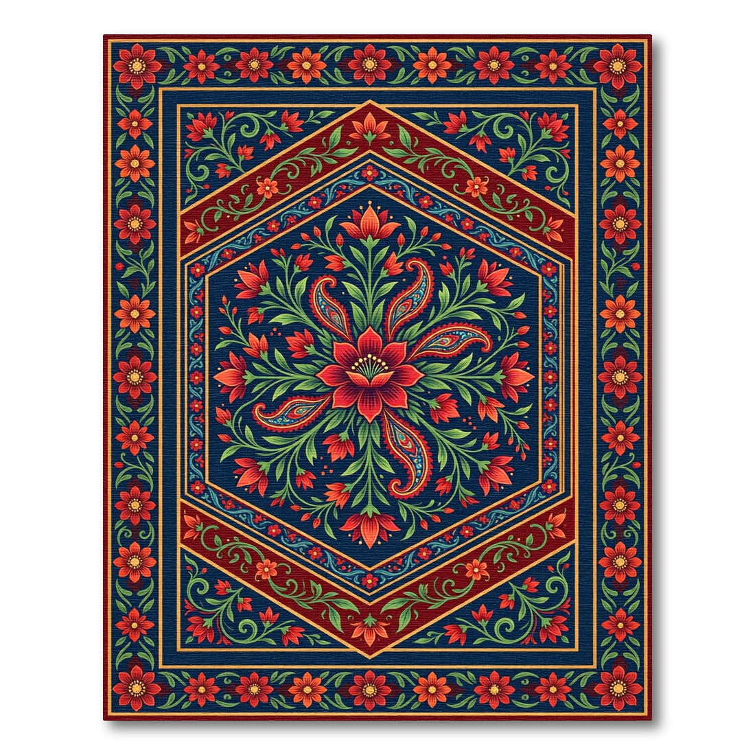 Deep Blue Red Floral Paisley Medallion Rug