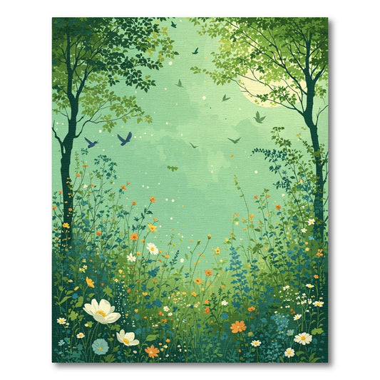 Whimsical Green Meadow Birds Foliage Rug