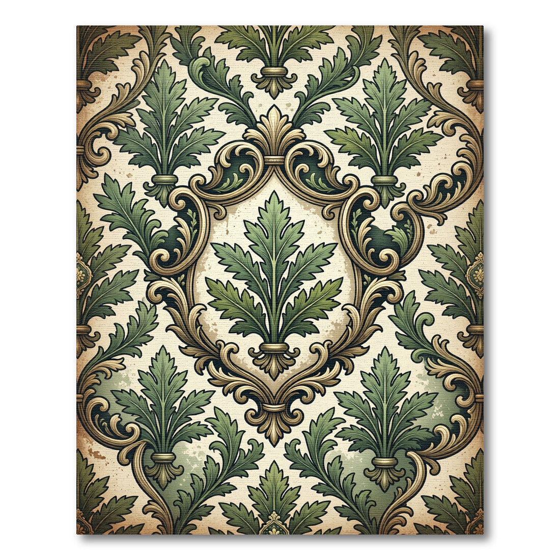 Vintage Green Acanthus Damask Scroll Rug