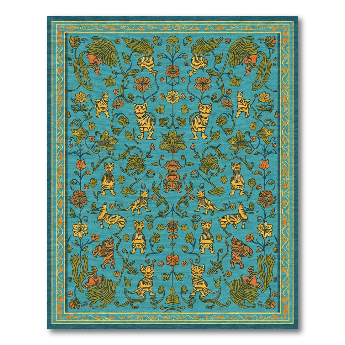 Teal Gold Whimsical Feline Floral Rug