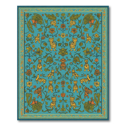 Teal Gold Whimsical Feline Floral Rug
