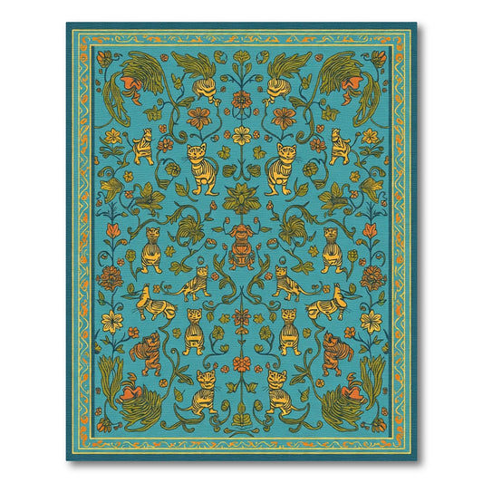 Teal Gold Whimsical Feline Floral Rug