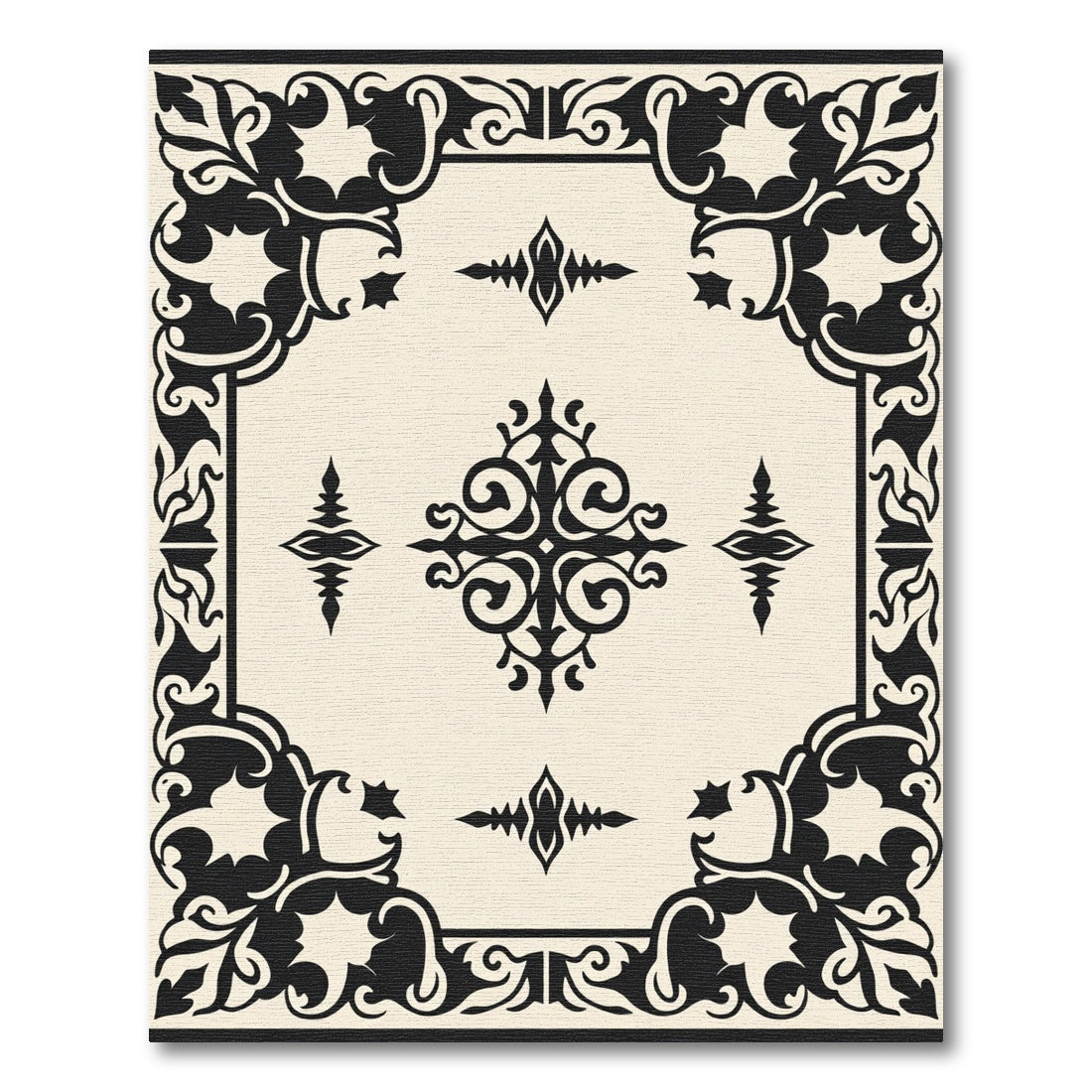 Vintage Black Creme Scrollwork Medallion Rug