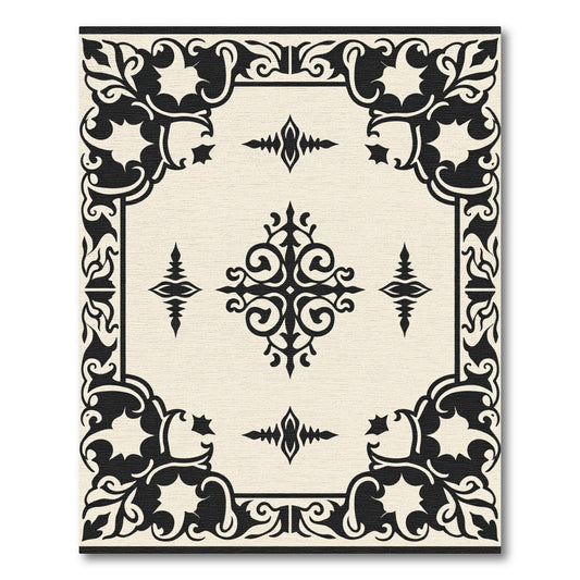 Vintage Black Creme Scrollwork Medallion Rug