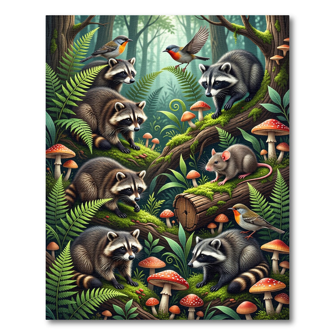 Enchanted Raccoon and Forest Mushroom Scene Rug