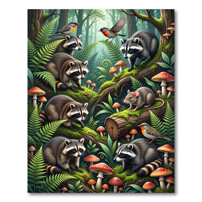 Enchanted Raccoon and Forest Mushroom Scene Rug