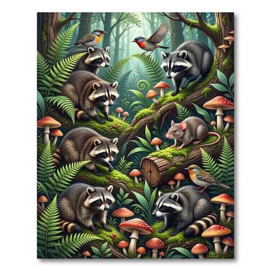 Enchanted Raccoon and Forest Mushroom Scene Rug