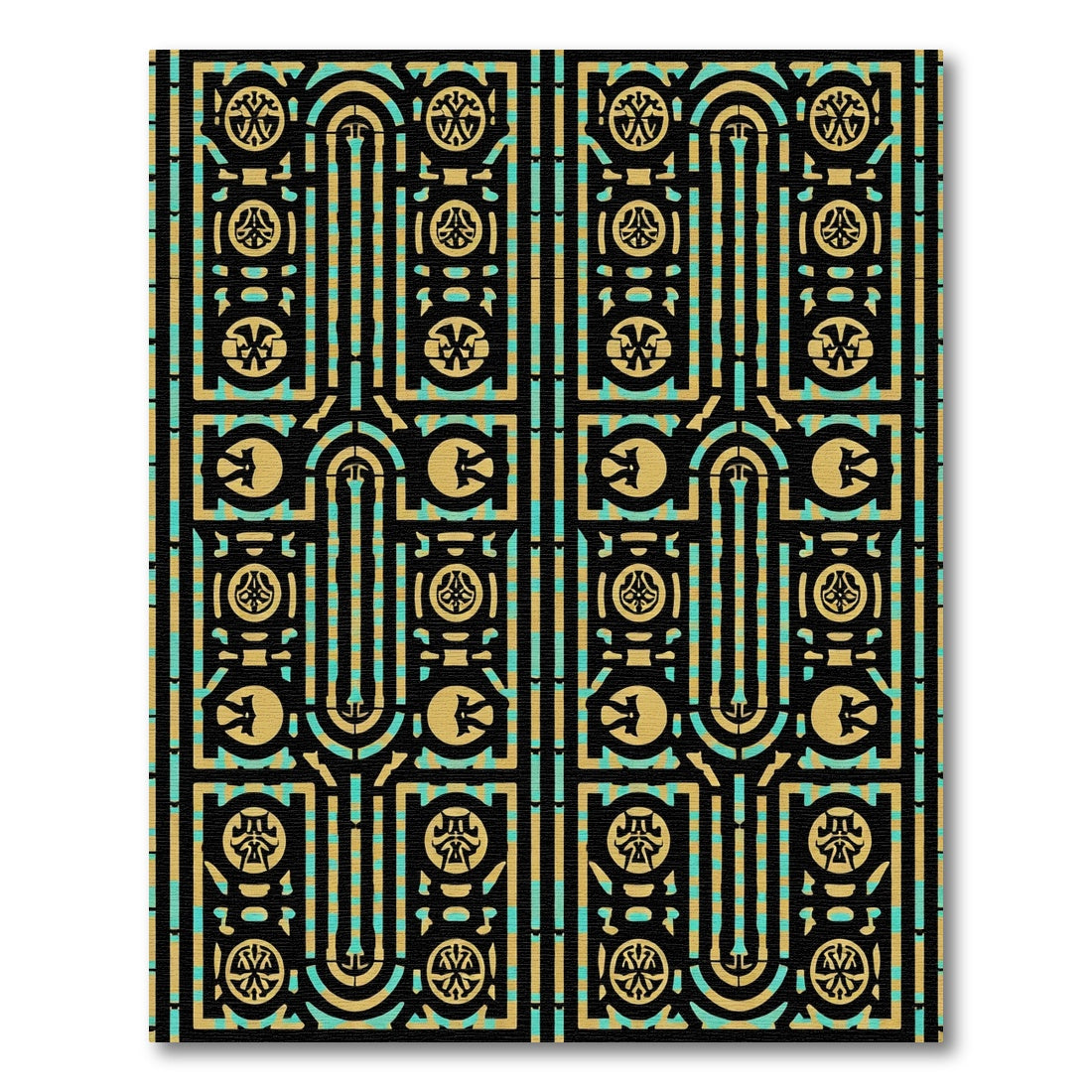 Gold Teal Rectangular Medallion Pattern Rug