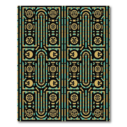 Gold Teal Rectangular Medallion Pattern Rug