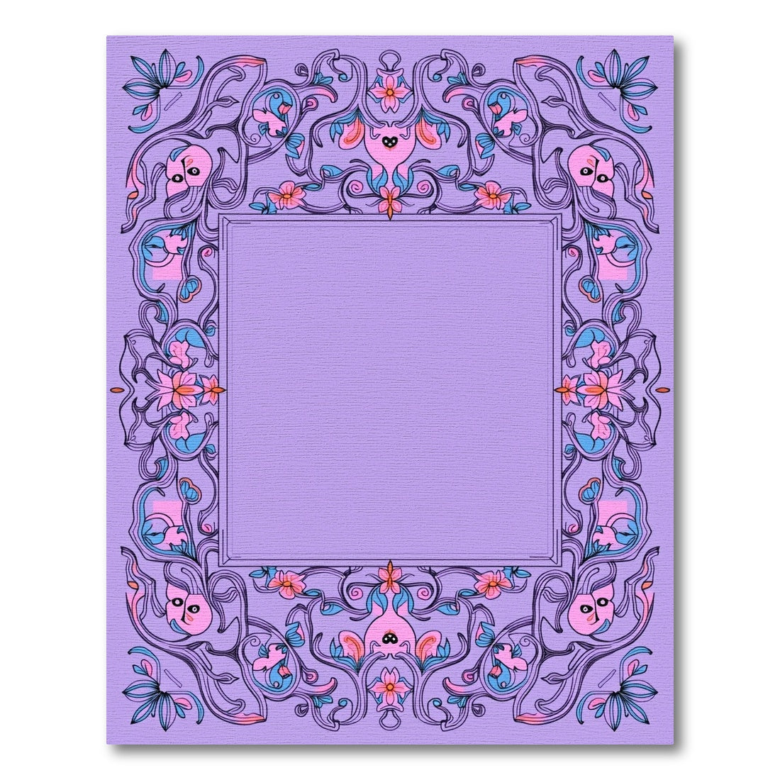 Whimsical Lavender Floral Swirl Frame Rug