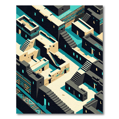 Geometric Teal and Sand Terraced City Rug