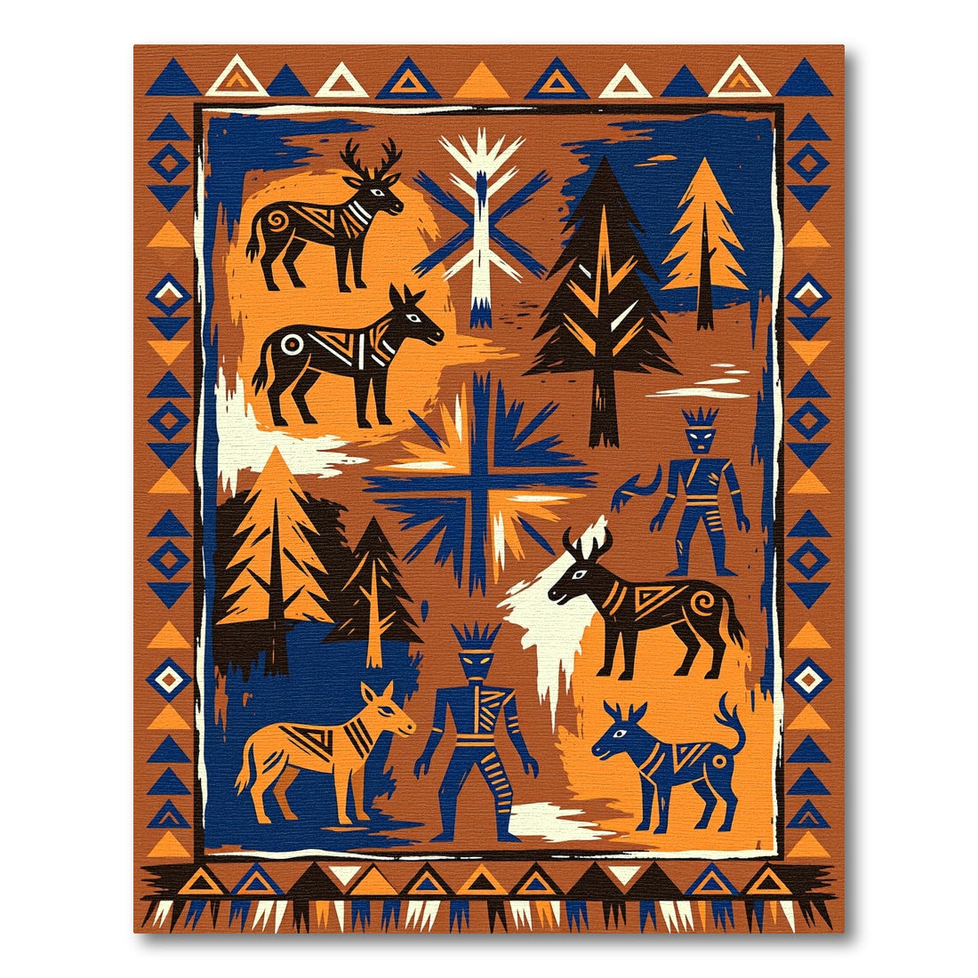 Tribal Forest Animals Geometric Figures Rug