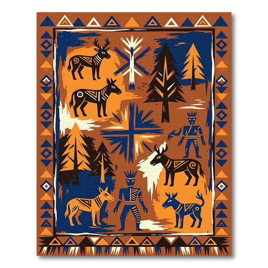 Tribal Forest Animals Geometric Figures Rug