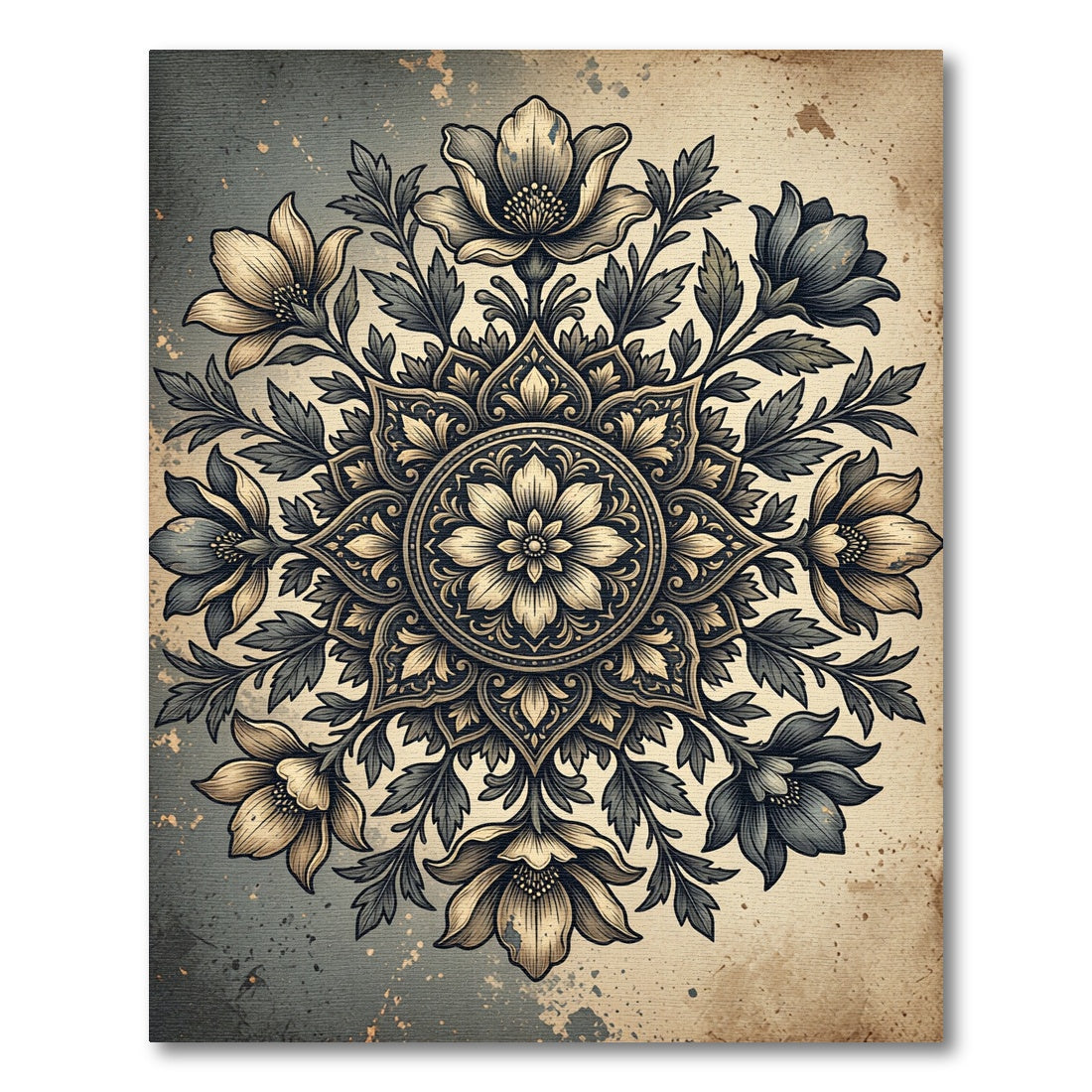 Elegant Vintage Charcoal Floral Medallion Rug