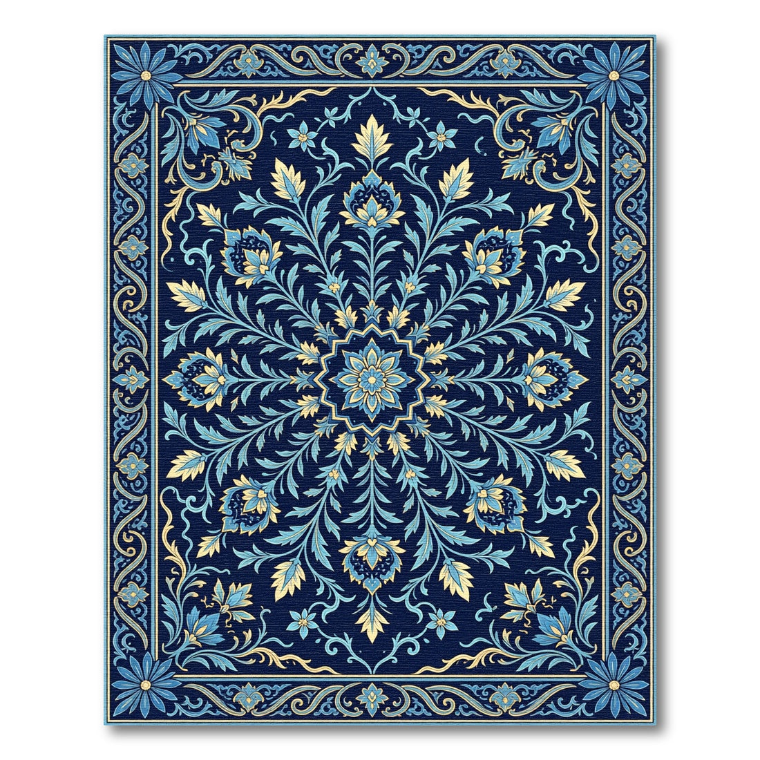 Navy Blue Floral Medallion Scrollwork Rug