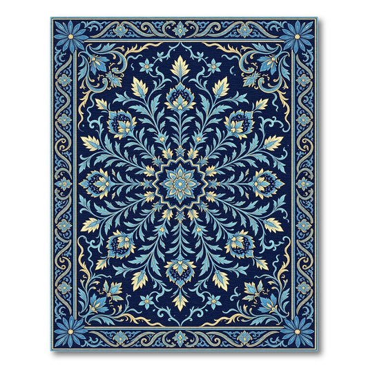 Navy Blue Floral Medallion Scrollwork Rug