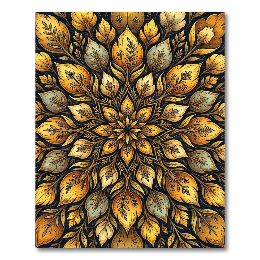 Golden Floral Leaf Symmetry Medallion Rug