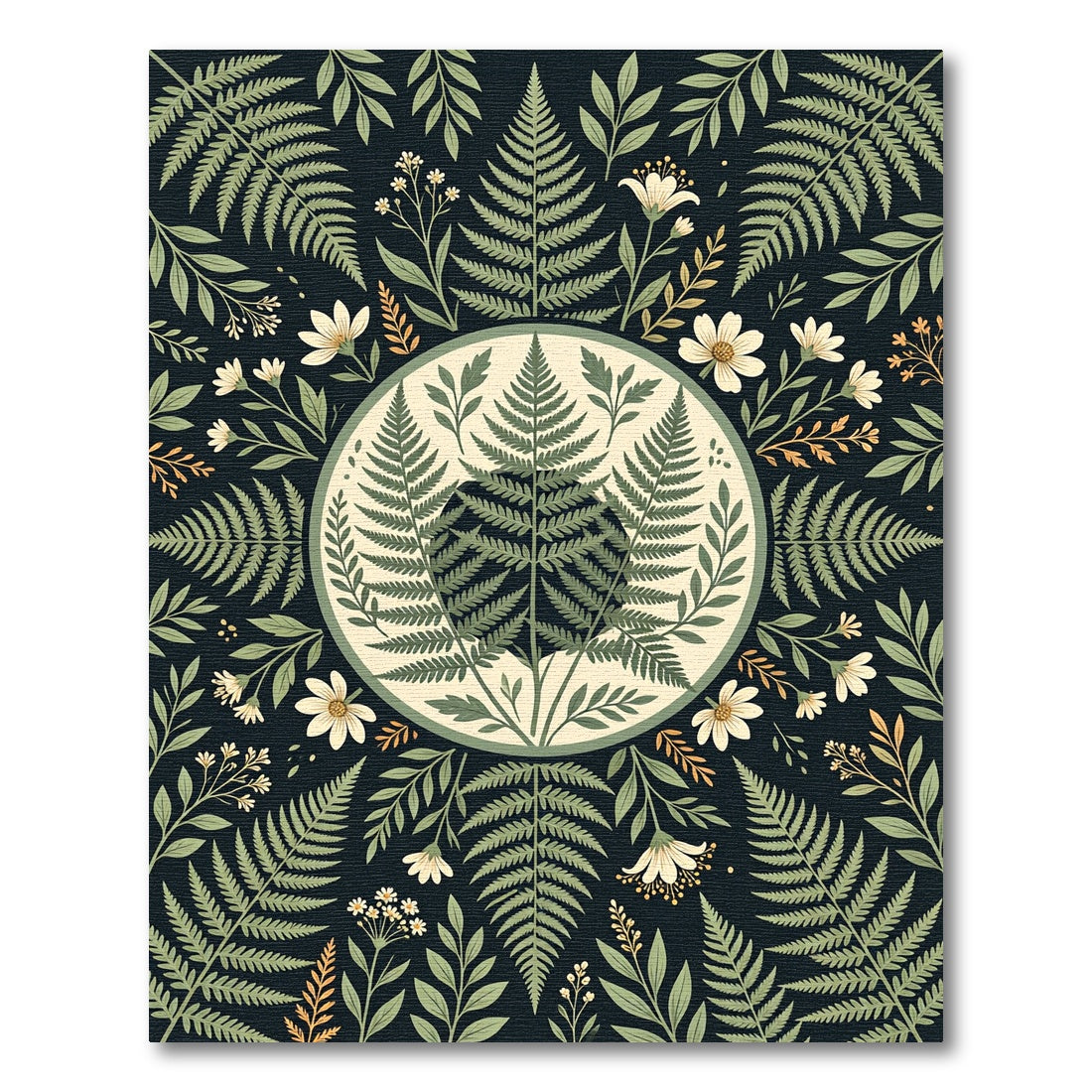 Sage Fern Botanical Midnight Circle Rug