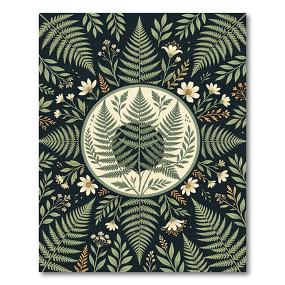Sage Fern Botanical Midnight Circle Rug