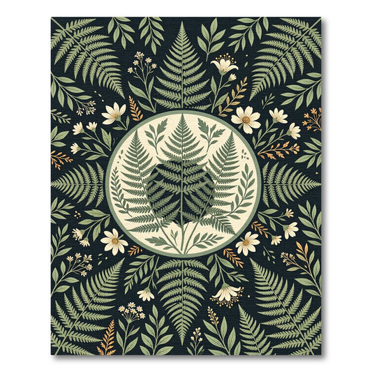Sage Fern Botanical Midnight Circle Rug