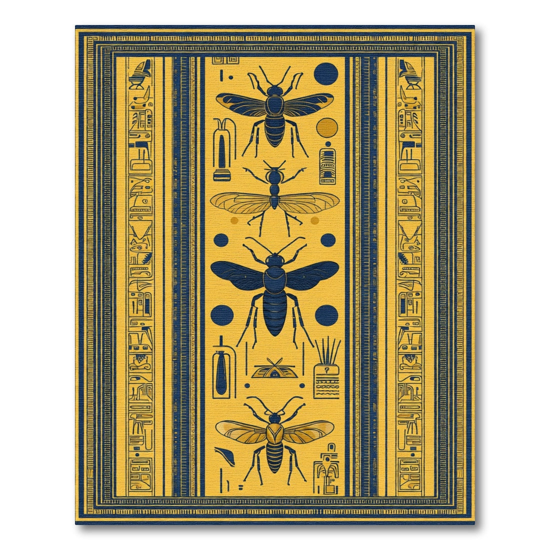 Golden Blue Ancient Insect Hieroglyphics Rug