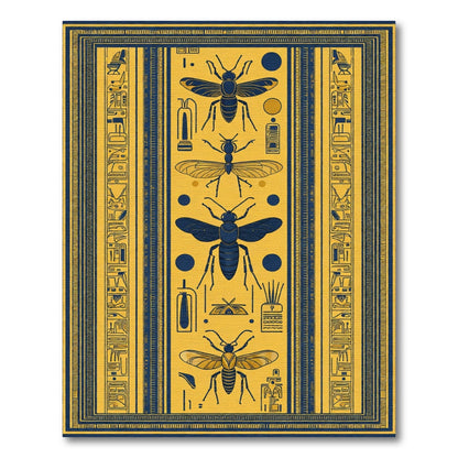 Golden Blue Ancient Insect Hieroglyphics Rug
