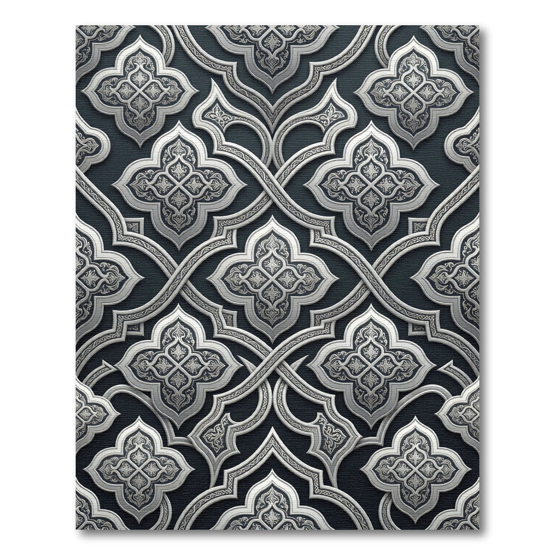 Elegant Silver Damask Interlocking Scroll Rug