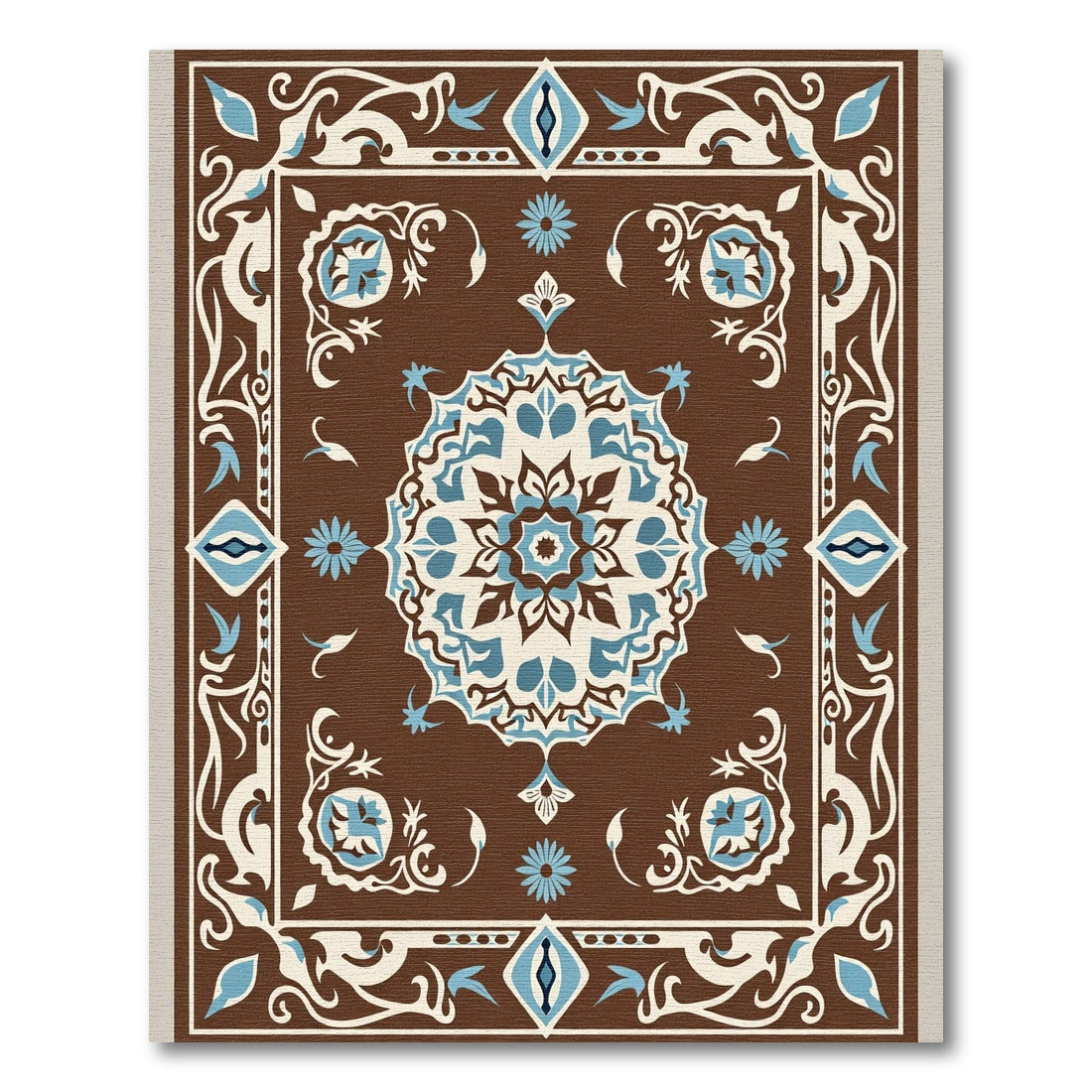 Brown Blue Ivory Medallion Floral Border Rug
