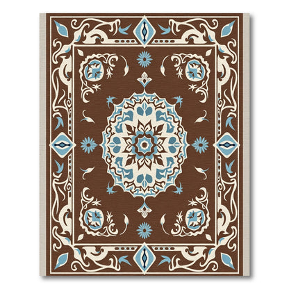 Brown Blue Ivory Medallion Floral Border Rug