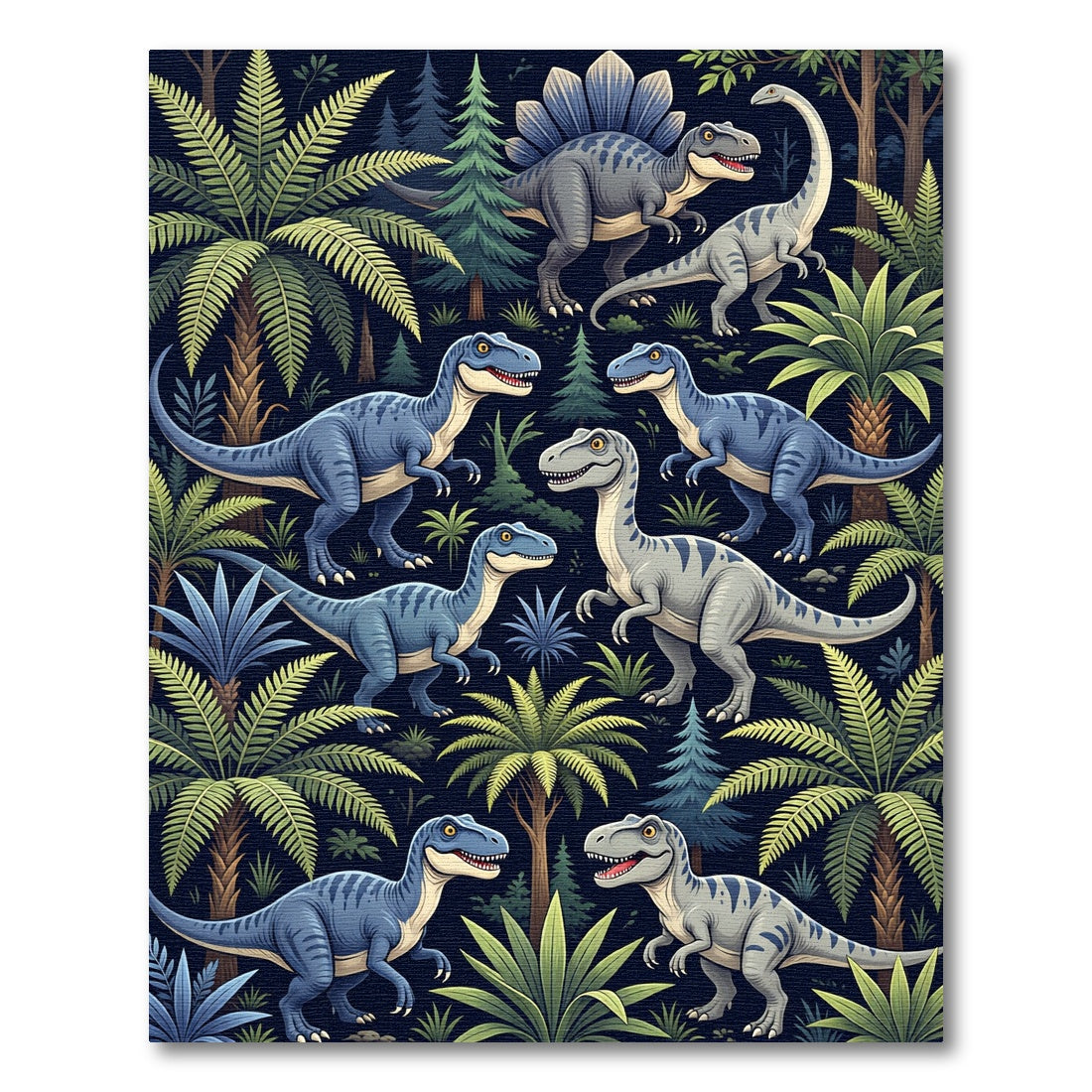 Playful Blue Dinosaur Tropical Forest Rug