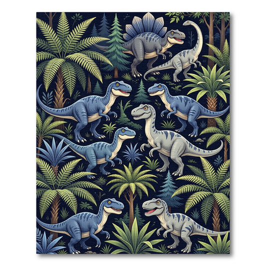 Playful Blue Dinosaur Tropical Forest Rug