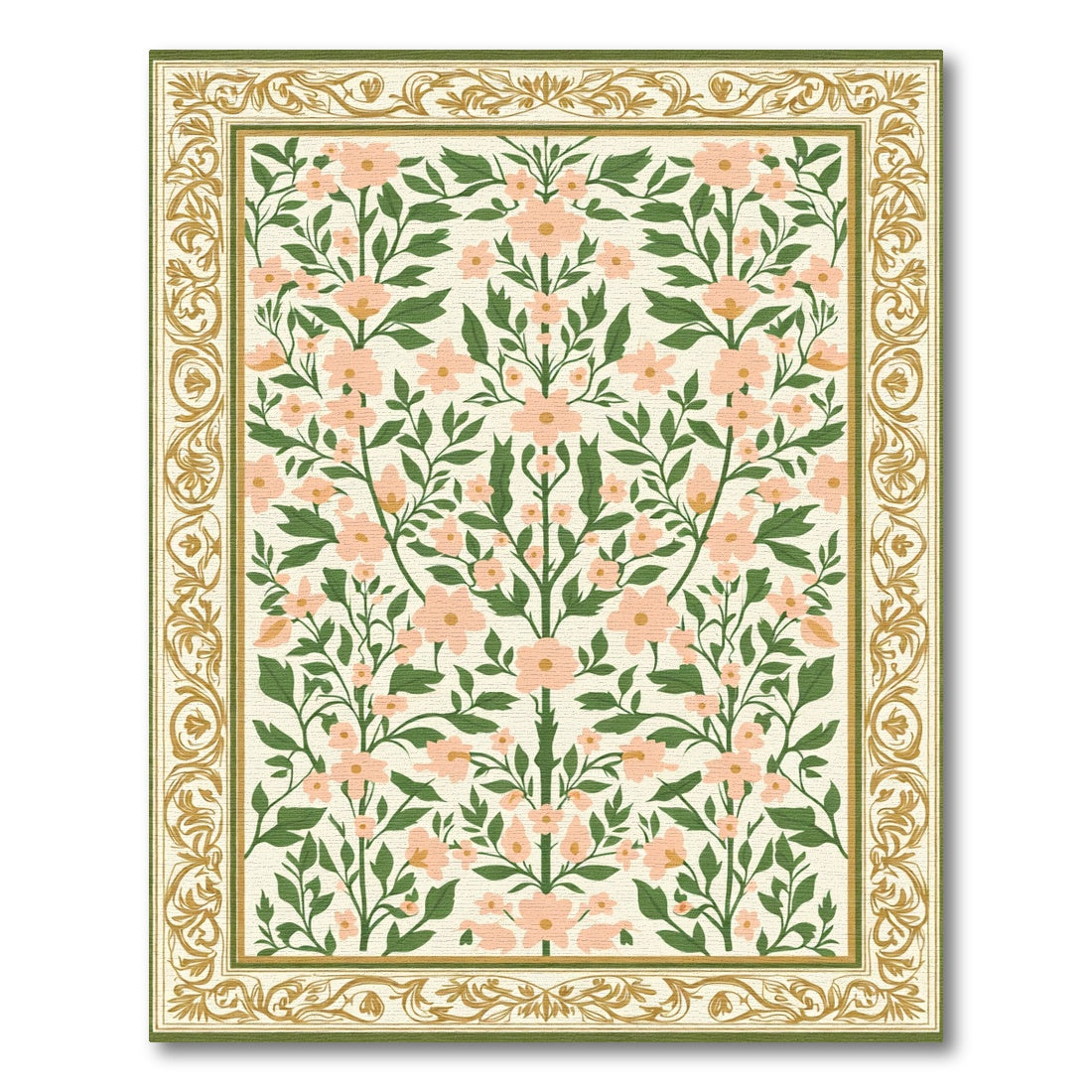Peach Blossom Greenery Floral Border Rug