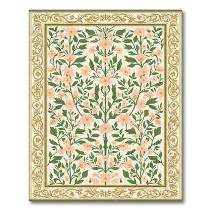 Peach Blossom Greenery Floral Border Rug