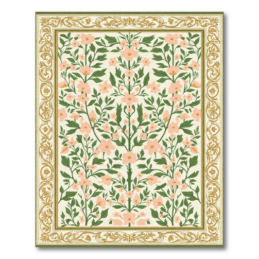 Peach Blossom Greenery Floral Border Rug