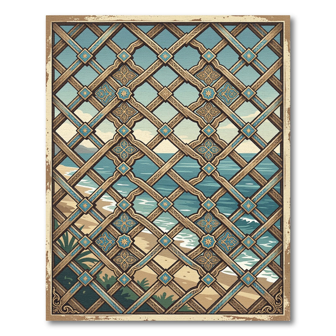 Coastal Lattice Geometric Blue Sand Rug