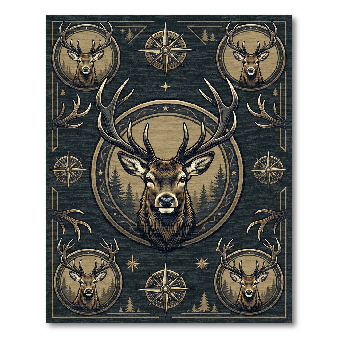 Majestic Elk Forest Compass Gold Emblem Rug