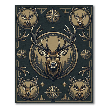 Majestic Elk Forest Compass Gold Emblem Rug