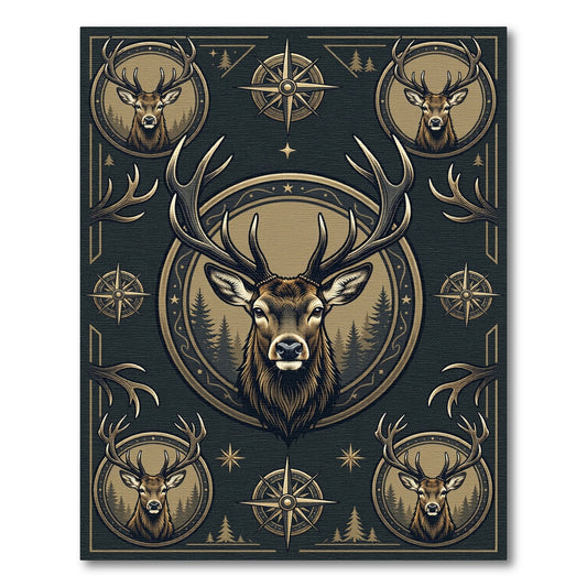 Majestic Elk Forest Compass Gold Emblem Rug