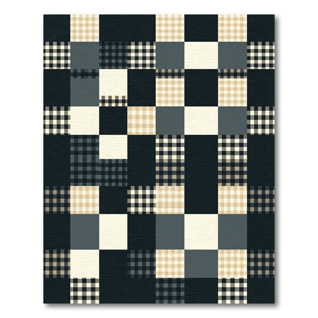 Patchwork Gingham Tan Black Plaid Squares Rug