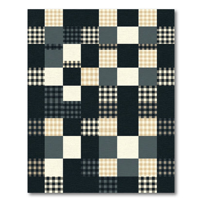 Patchwork Gingham Tan Black Plaid Squares Rug