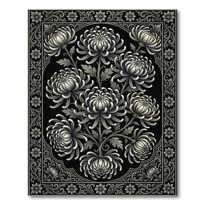 Elegant Monochrome Chrysanthemum Botanical Illustration Rug
