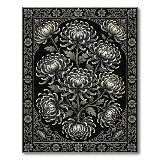 Elegant Monochrome Chrysanthemum Botanical Illustration Rug